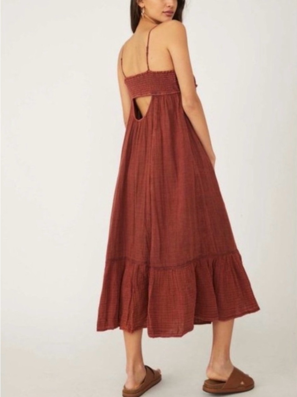 Free People Linda Jo Midi Dress Gauze Embroidered Button Front Rust L - Picture 2 of 15